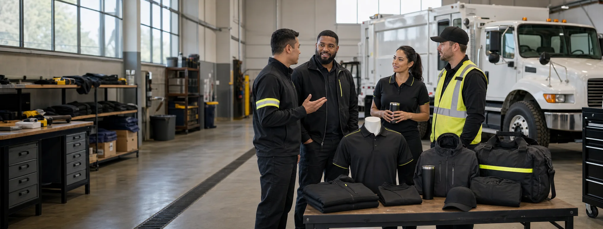 Illustrative organizational team reviewing coordinated workwear and safety products in a maintenance workshop